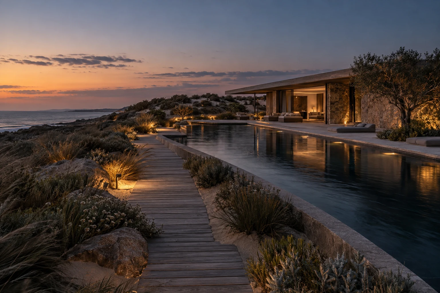 Lit timber walkway through dunes and coastal vegetation beside a pool at dusk.