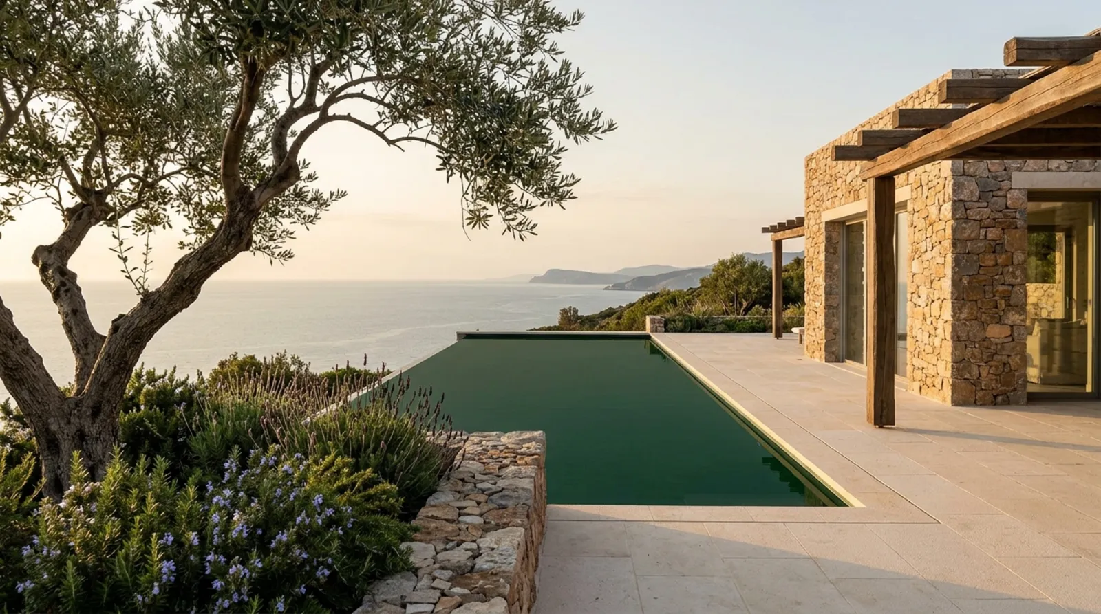 Infinity pool aligned with the sea, beside a stone house with a pergola and olive tree.
