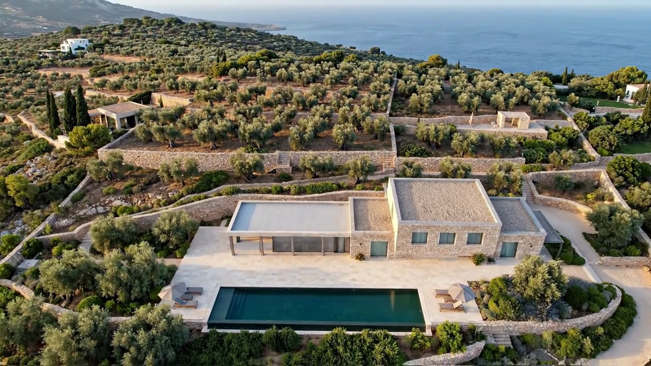 Infinity pool beside a limestone house, with an open view of the sea.