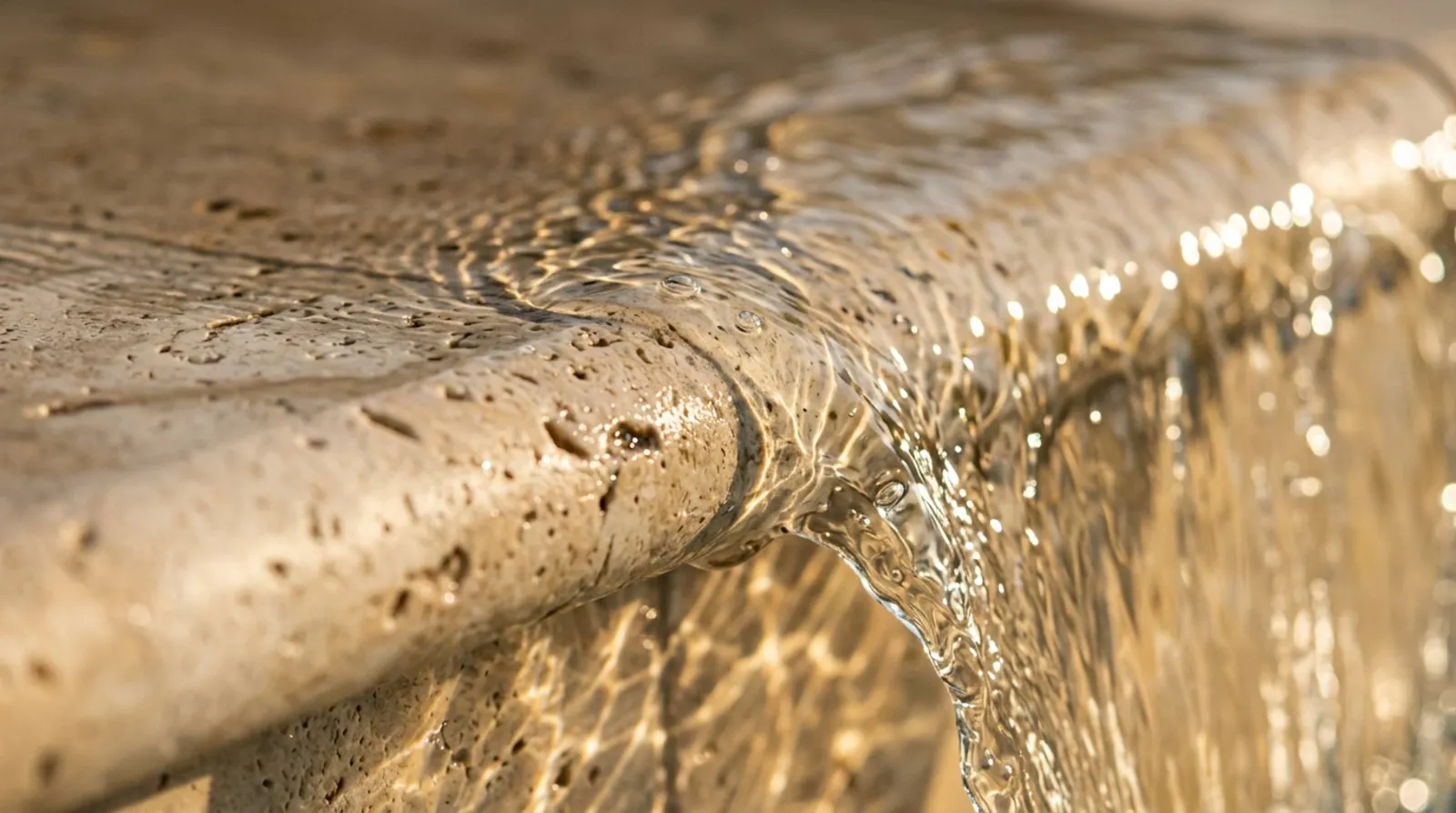 Travertine edge with water flowing over it.